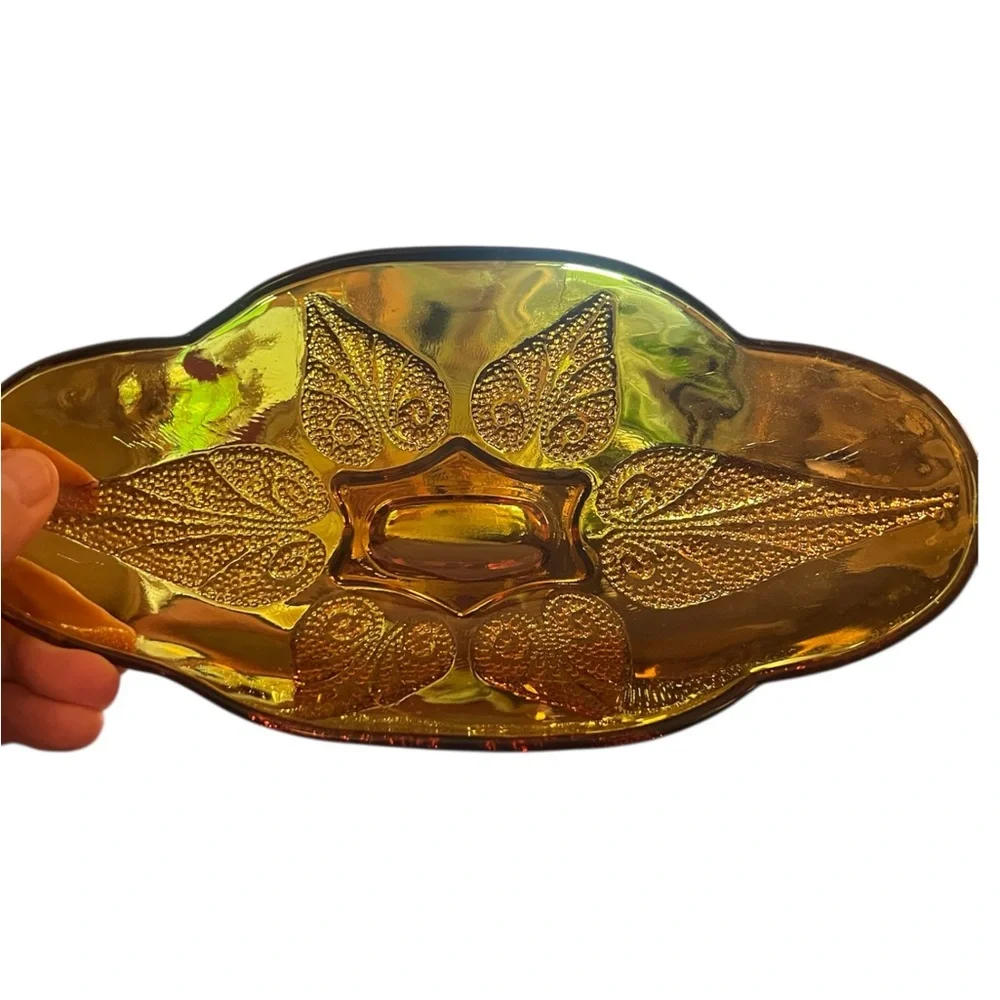 Vintage Anchor Hocking Renaissance Gold Amber Pressed Leaf Relish Dish! 10x5x3